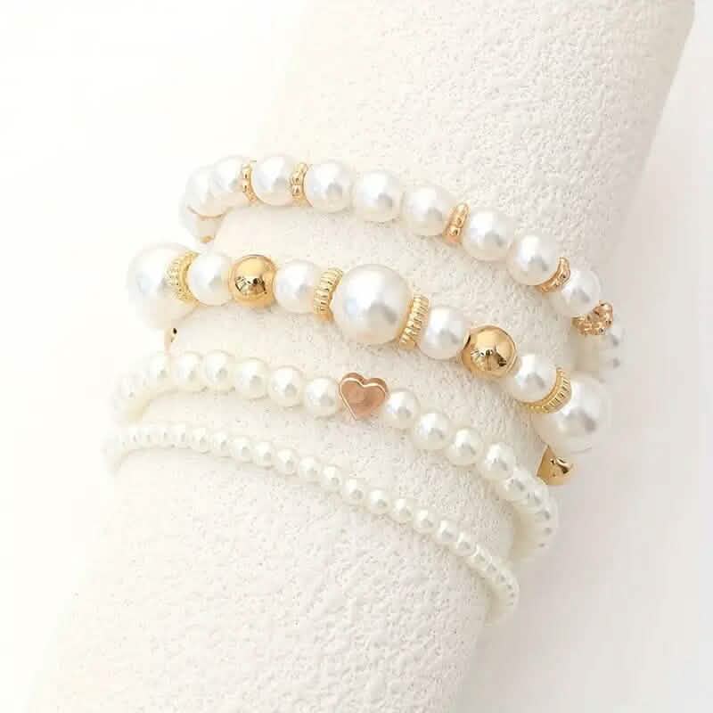 4-Pieces: Elegant White Faux Pearls Beaded Handmade Hand String Jewelry Set