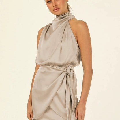 Elegant Halter Neck Dress Fashion Sleeveless Waist-tied Short Dresses For Evening Party Clothing Women