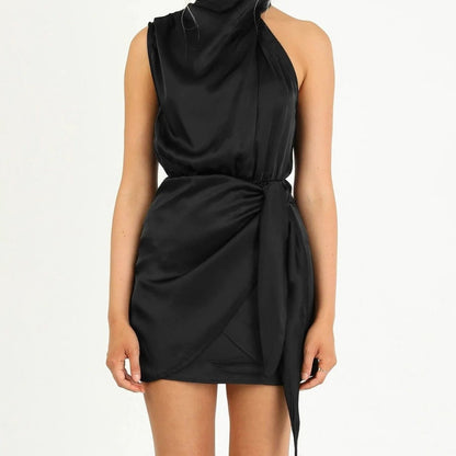 Elegant Halter Neck Dress Fashion Sleeveless Waist-tied Short Dresses For Evening Party Clothing Women
