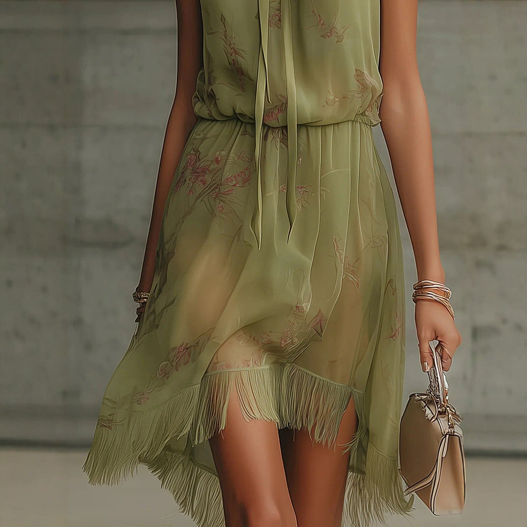 V-Neck Waist Trimming Ruffles Elegant Dress