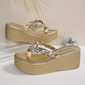 The Wedge-Heeled Flip-Flops with Rhinestones Are Eye-Catching And Glamorous.