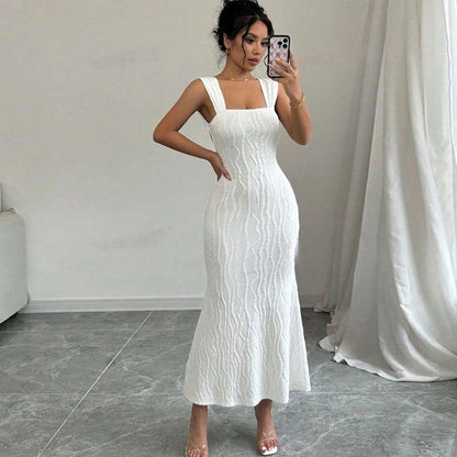 Striped Sexy Square Collar Sling Backless Maxi Dress
