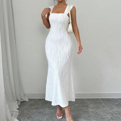 Striped Sexy Square Collar Sling Backless Maxi Dress