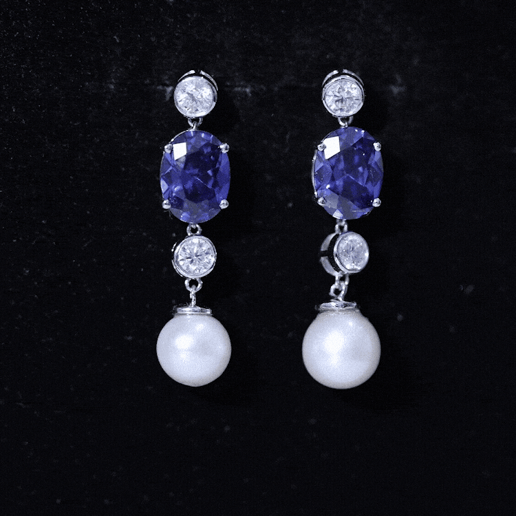 10 CT Created Blue Sapphire and Freshwater Pearl Dangle Earrings with Moissanite