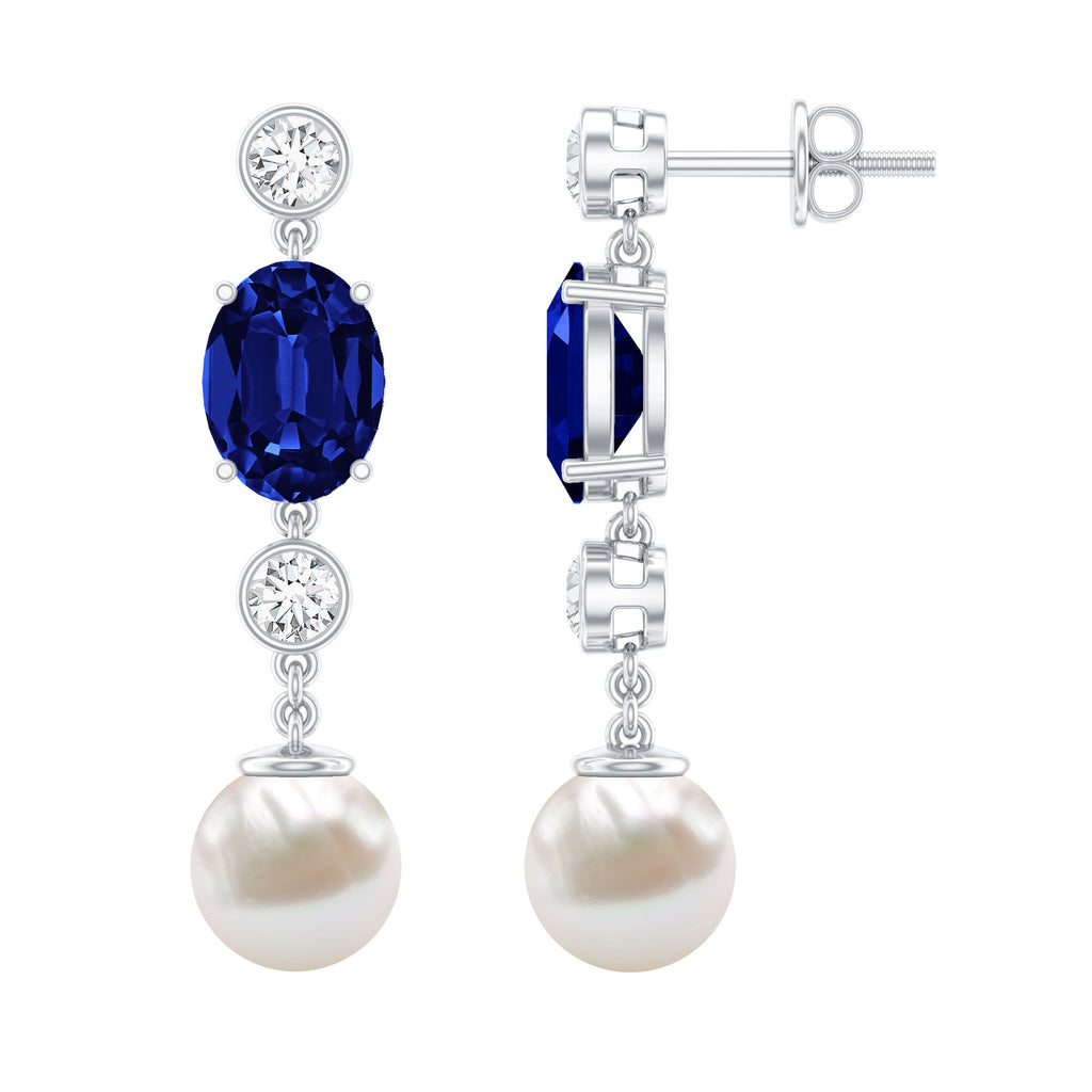 10 CT Created Blue Sapphire and Freshwater Pearl Dangle Earrings with Moissanite