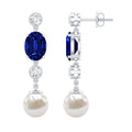 10 CT Created Blue Sapphire and Freshwater Pearl Dangle Earrings with Moissanite