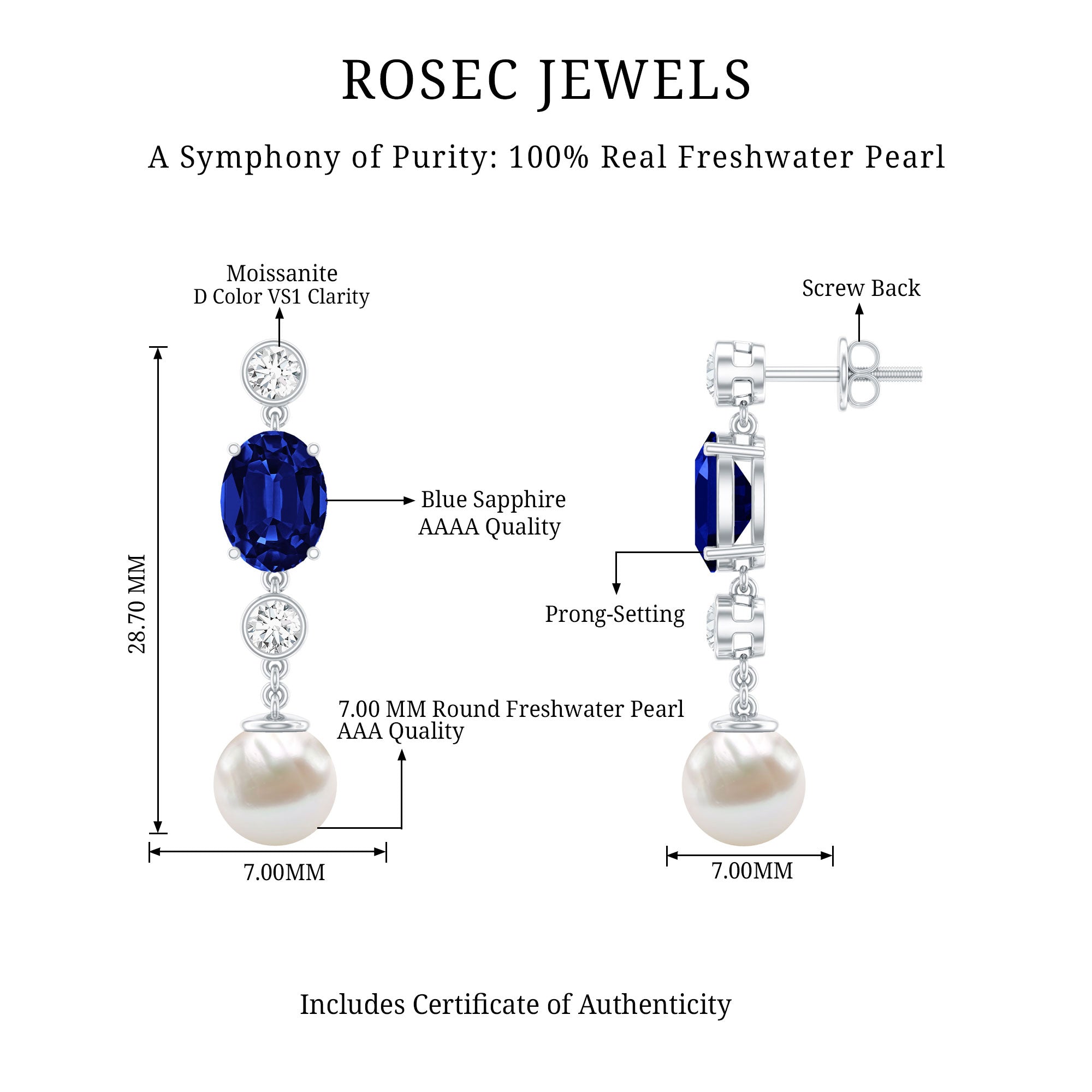 10 CT Created Blue Sapphire and Freshwater Pearl Dangle Earrings with Moissanite
