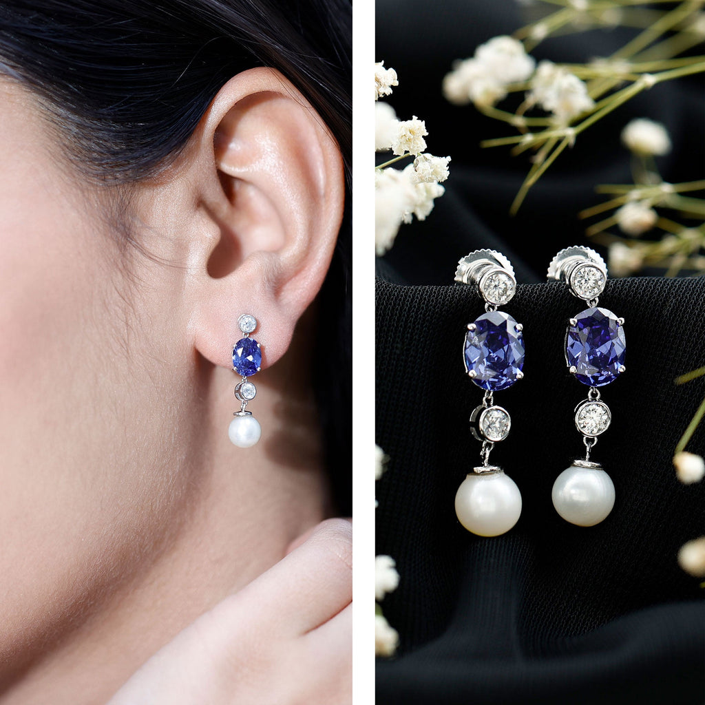 10 CT Created Blue Sapphire and Freshwater Pearl Dangle Earrings with Moissanite