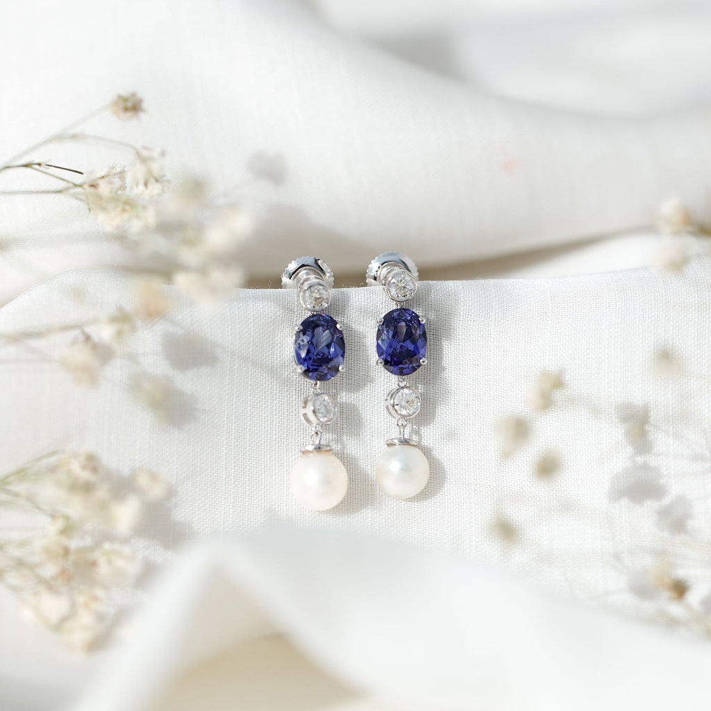 10 CT Created Blue Sapphire and Freshwater Pearl Dangle Earrings with Moissanite
