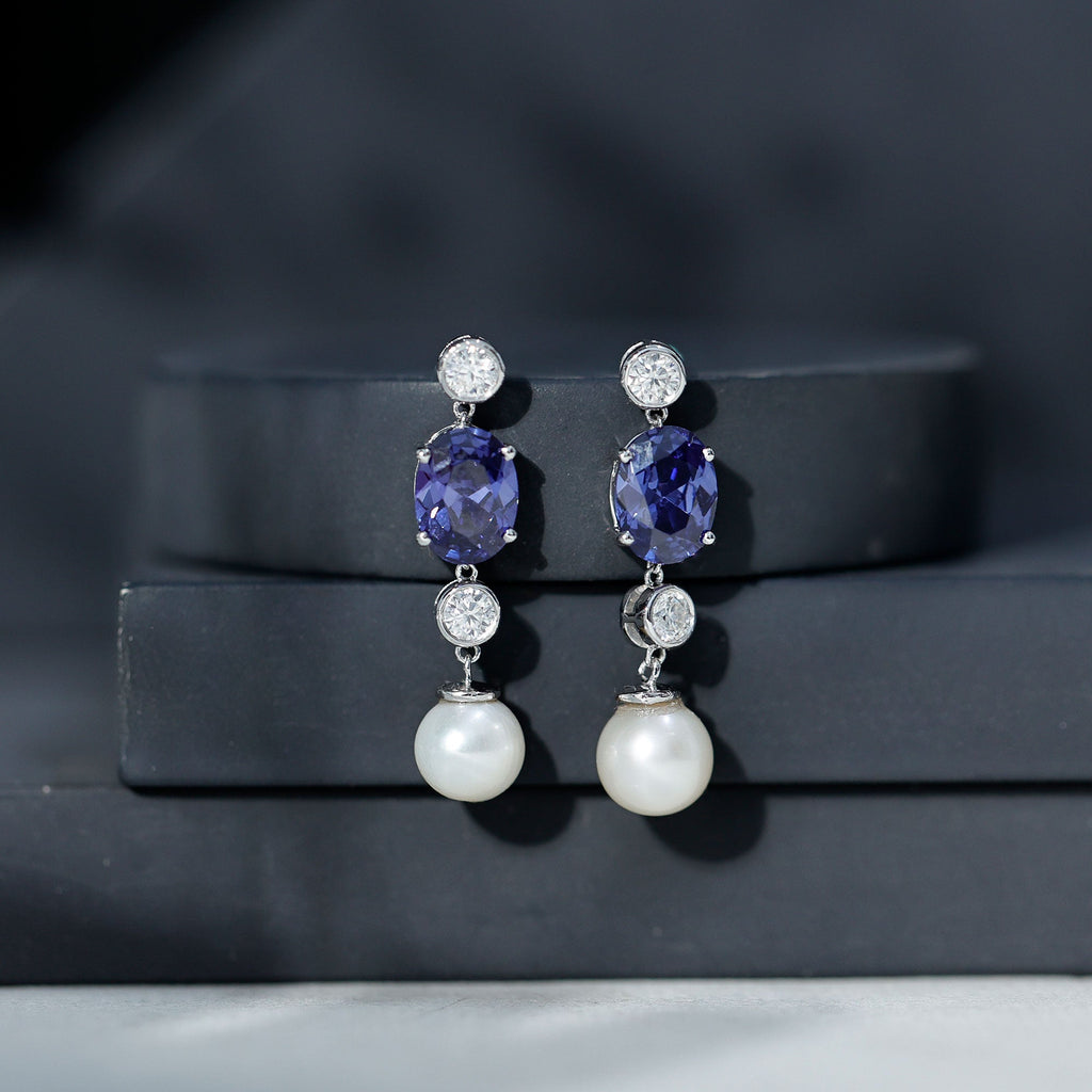 10 CT Created Blue Sapphire and Freshwater Pearl Dangle Earrings with Moissanite
