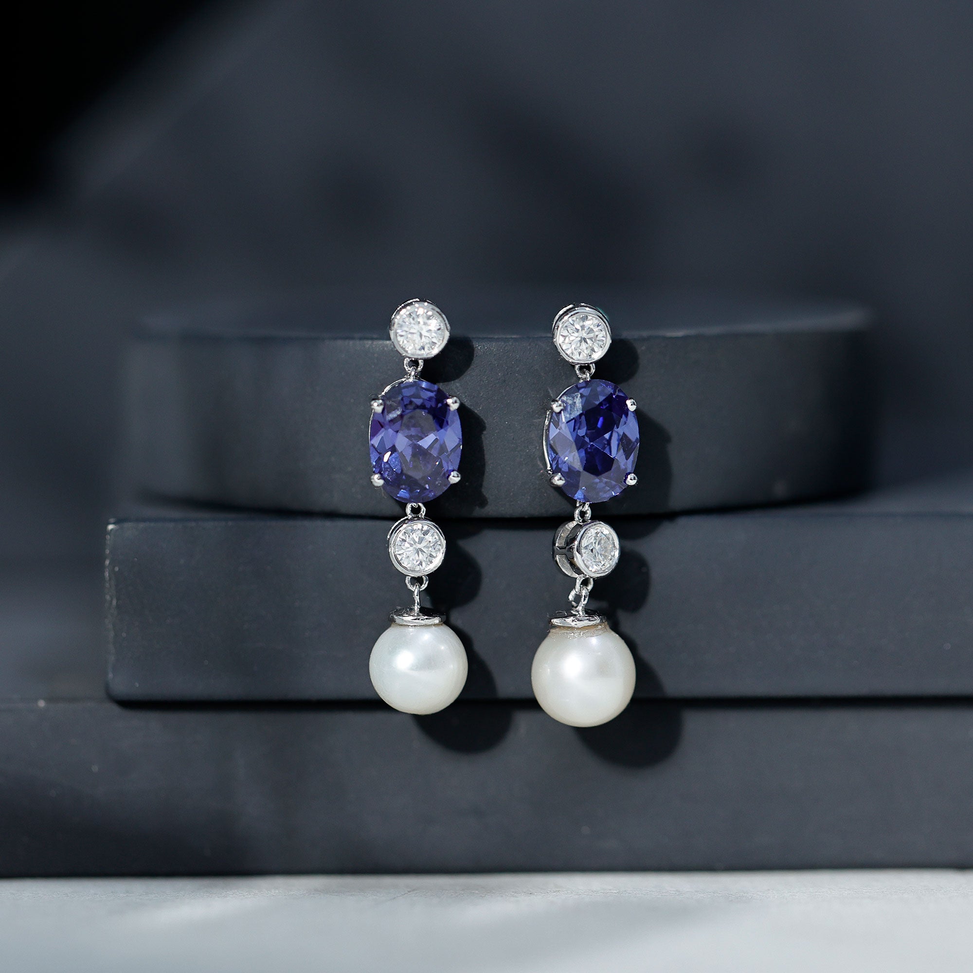 10 CT Created Blue Sapphire and Freshwater Pearl Dangle Earrings with Moissanite