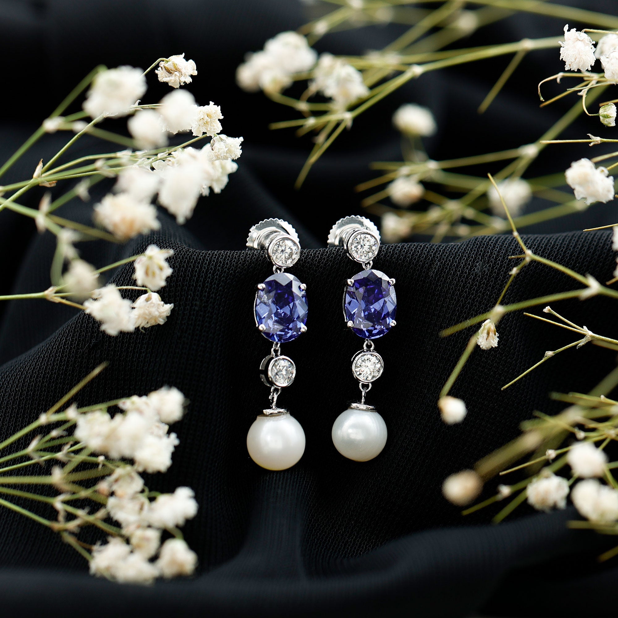 10 CT Created Blue Sapphire and Freshwater Pearl Dangle Earrings with Moissanite