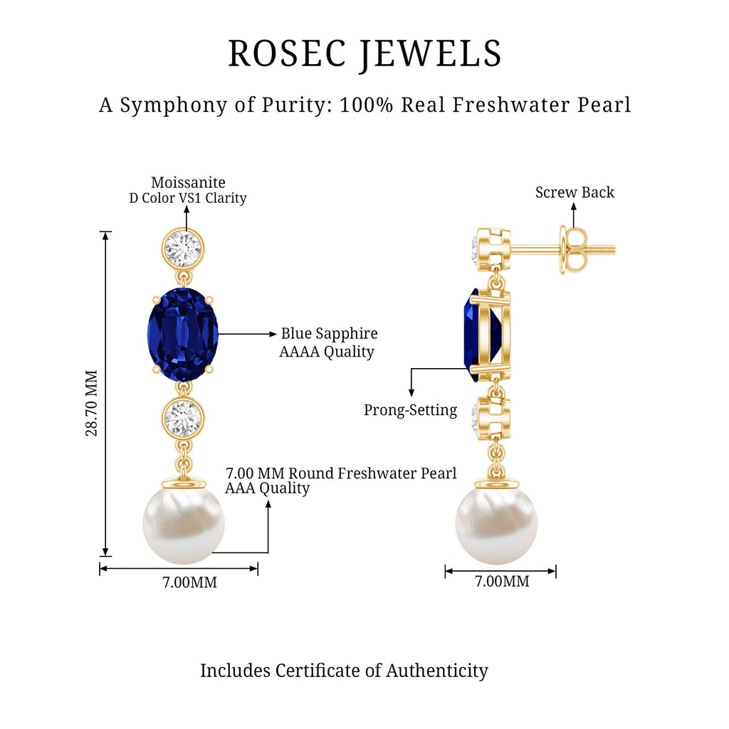 10 CT Created Blue Sapphire and Freshwater Pearl Dangle Earrings with Moissanite