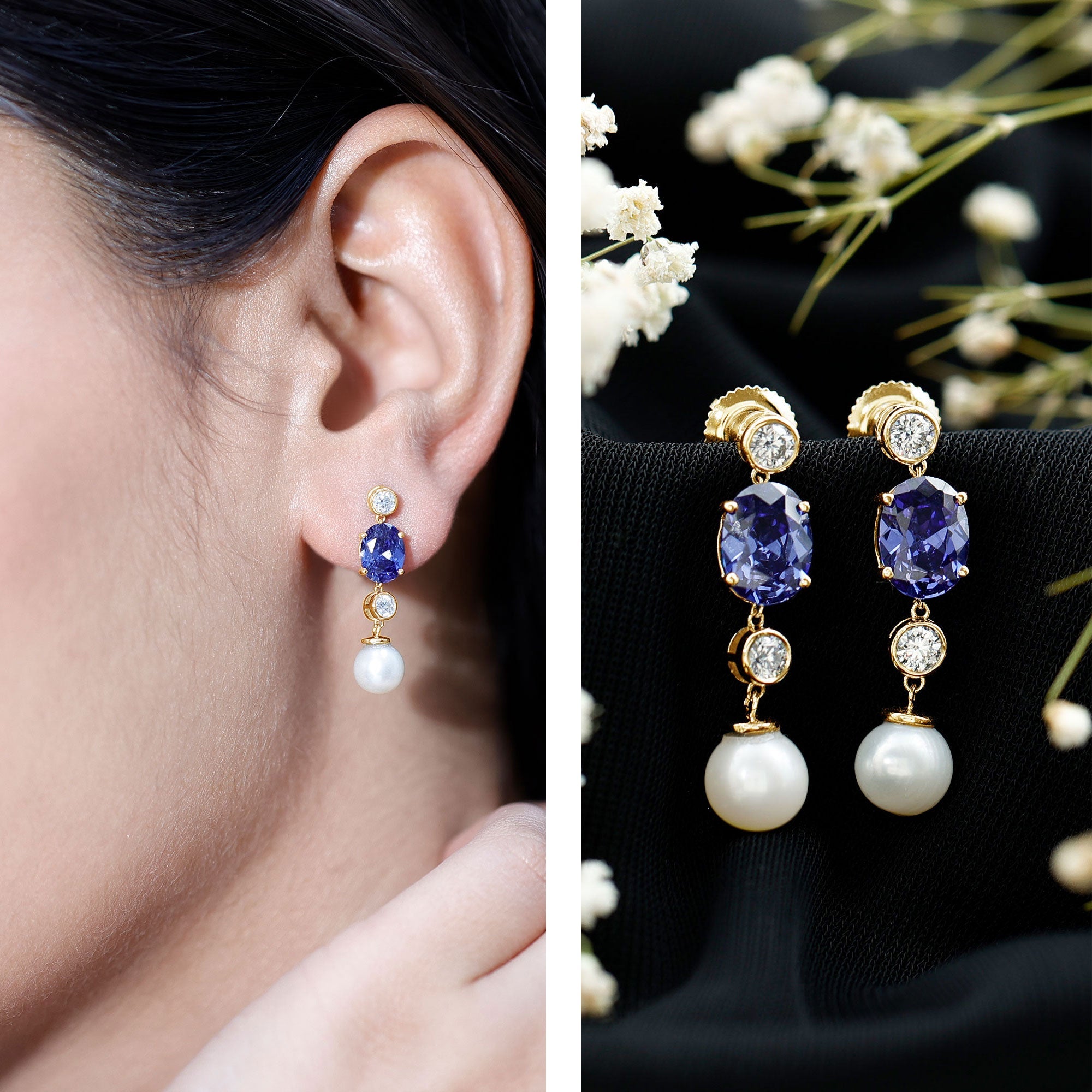 10 CT Created Blue Sapphire and Freshwater Pearl Dangle Earrings with Moissanite