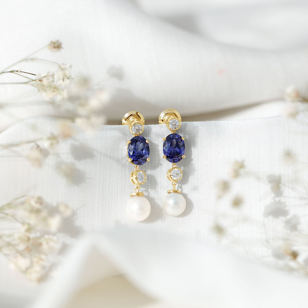 10 CT Created Blue Sapphire and Freshwater Pearl Dangle Earrings with Moissanite