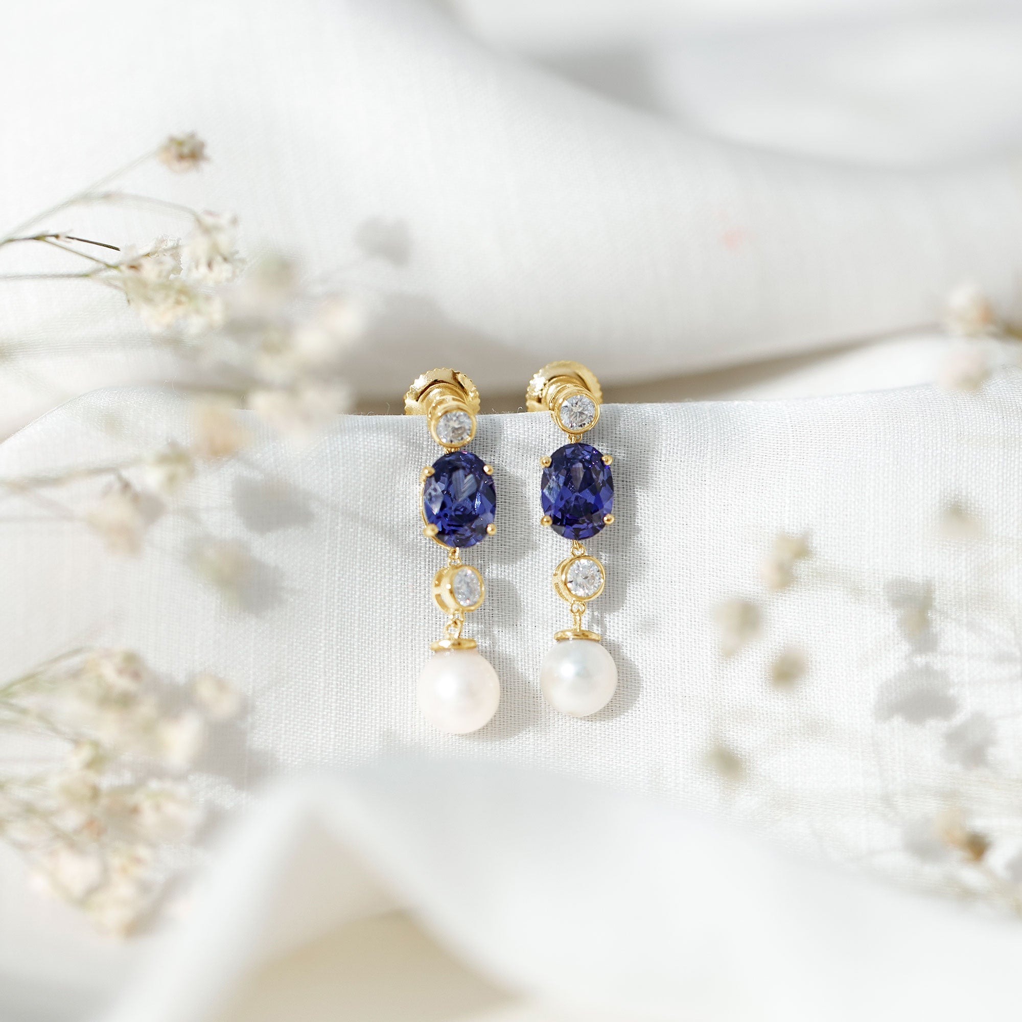 10 CT Created Blue Sapphire and Freshwater Pearl Dangle Earrings with Moissanite