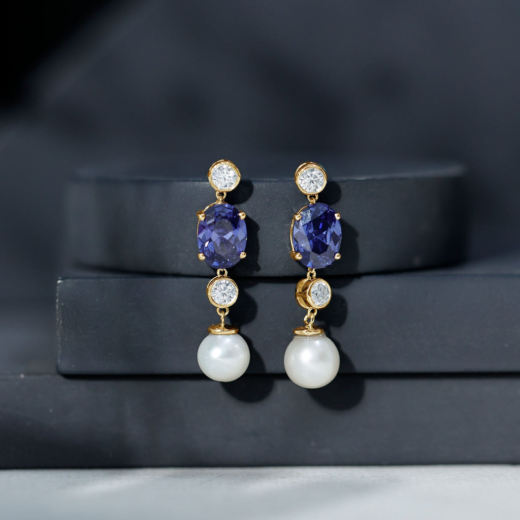 10 CT Created Blue Sapphire and Freshwater Pearl Dangle Earrings with Moissanite