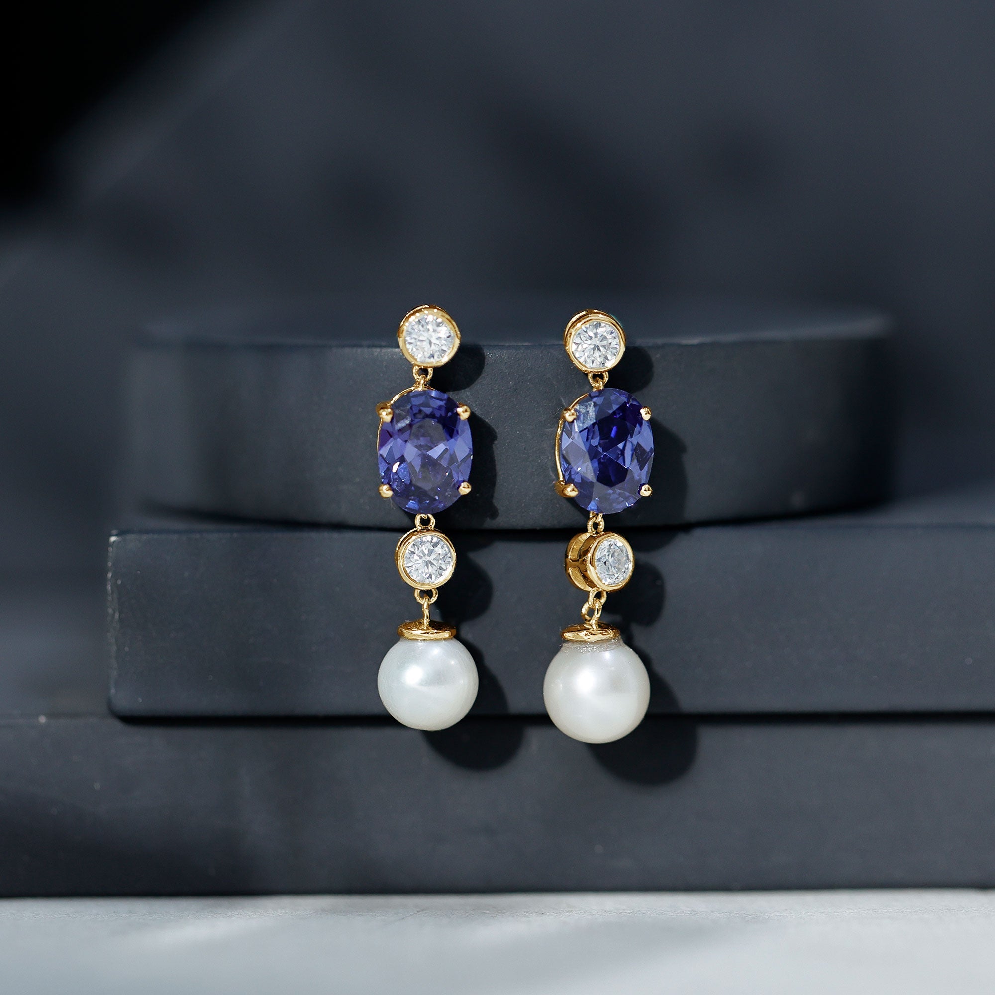 10 CT Created Blue Sapphire and Freshwater Pearl Dangle Earrings with Moissanite