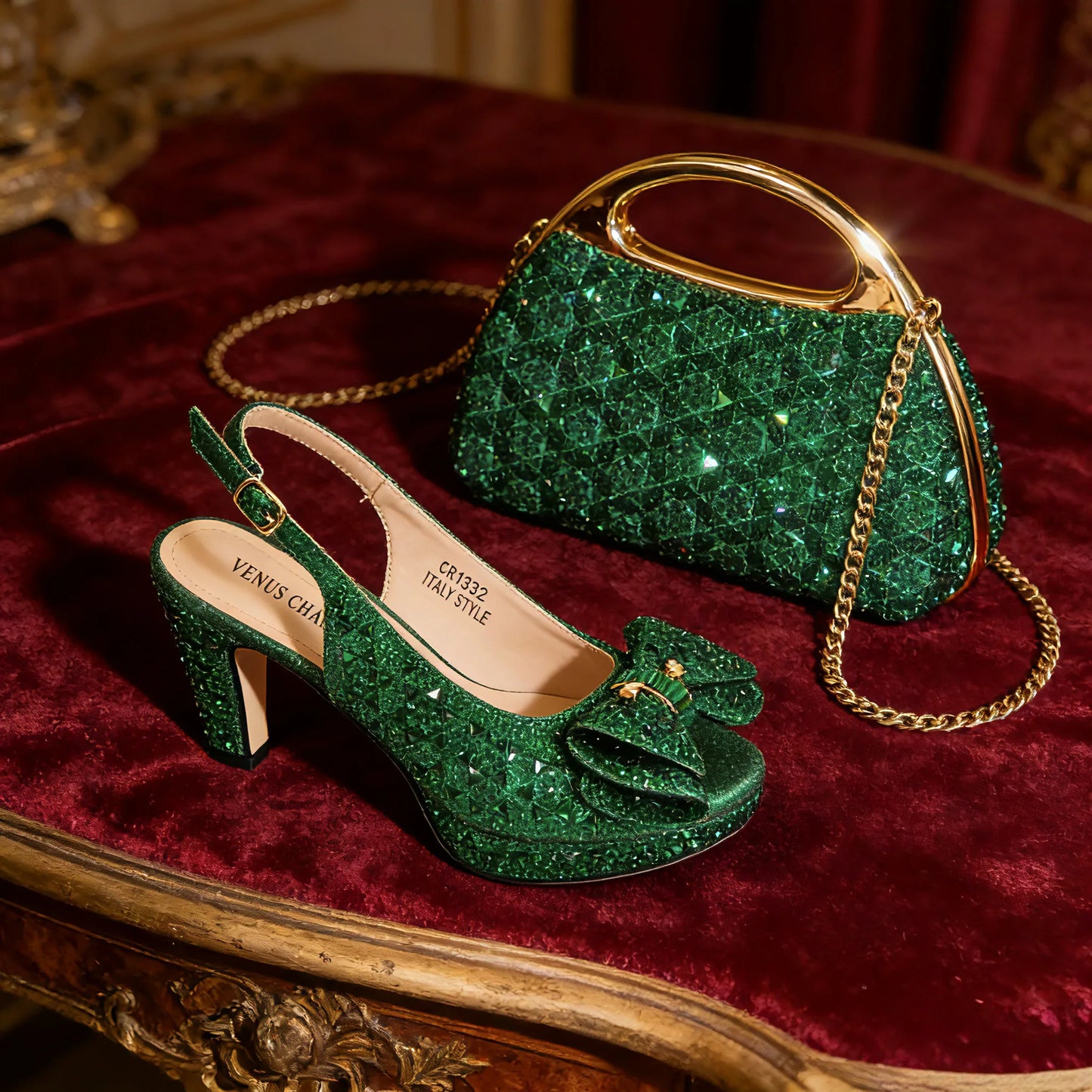 Elegant Women's Peep Toe High Heels with Matching Handbag EDS09