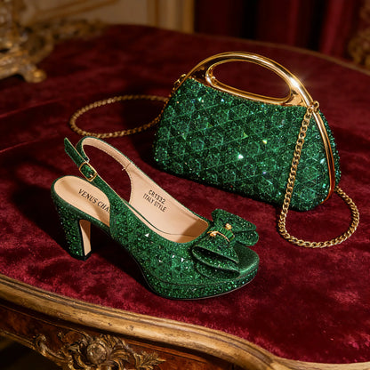 Elegant Italian Women’s Rhinestone High Heels and Matching Bag Set EDS2