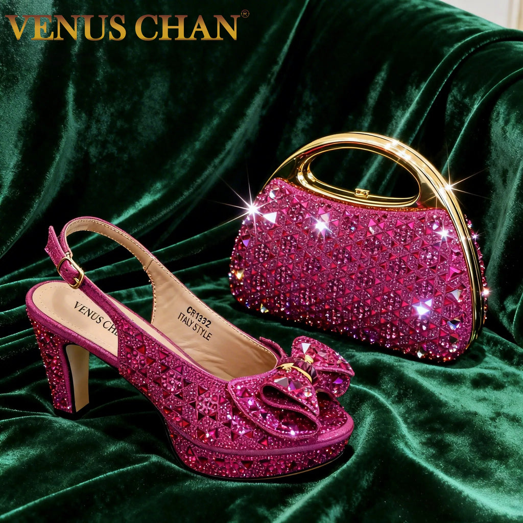 Elegant Italian Women’s Rhinestone High Heels and Matching Bag Set EDS2