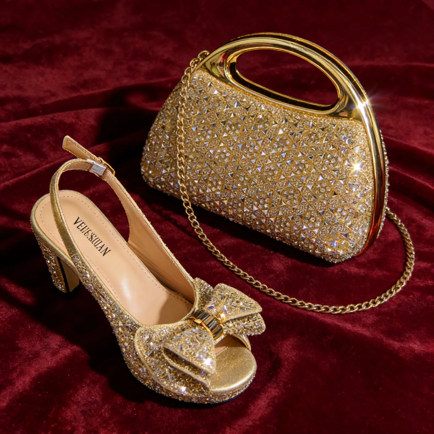 Elegant Italian Women’s Rhinestone High Heels and Matching Bag Set EDS2
