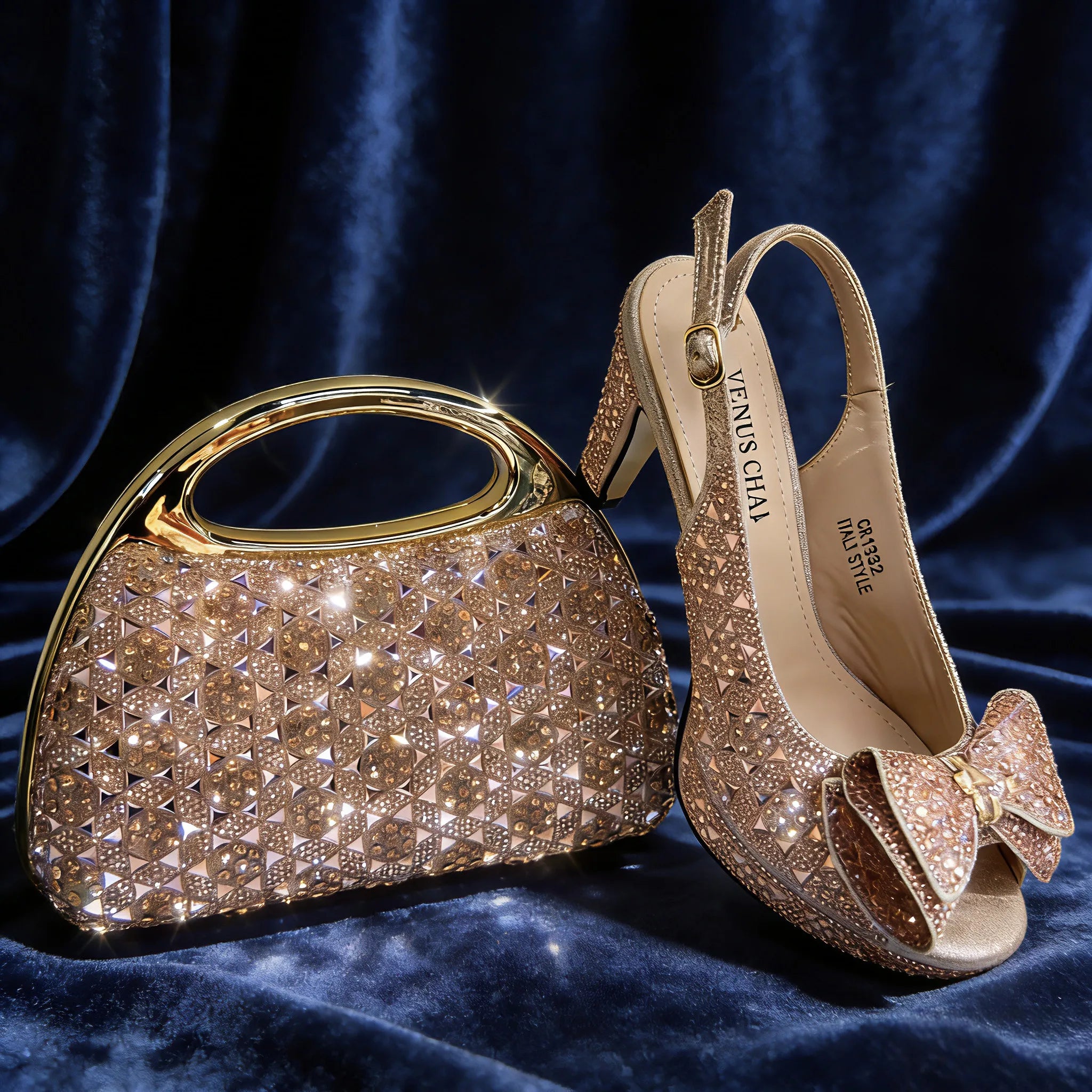 Elegant Italian Women’s Rhinestone High Heels and Matching Bag Set EDS2