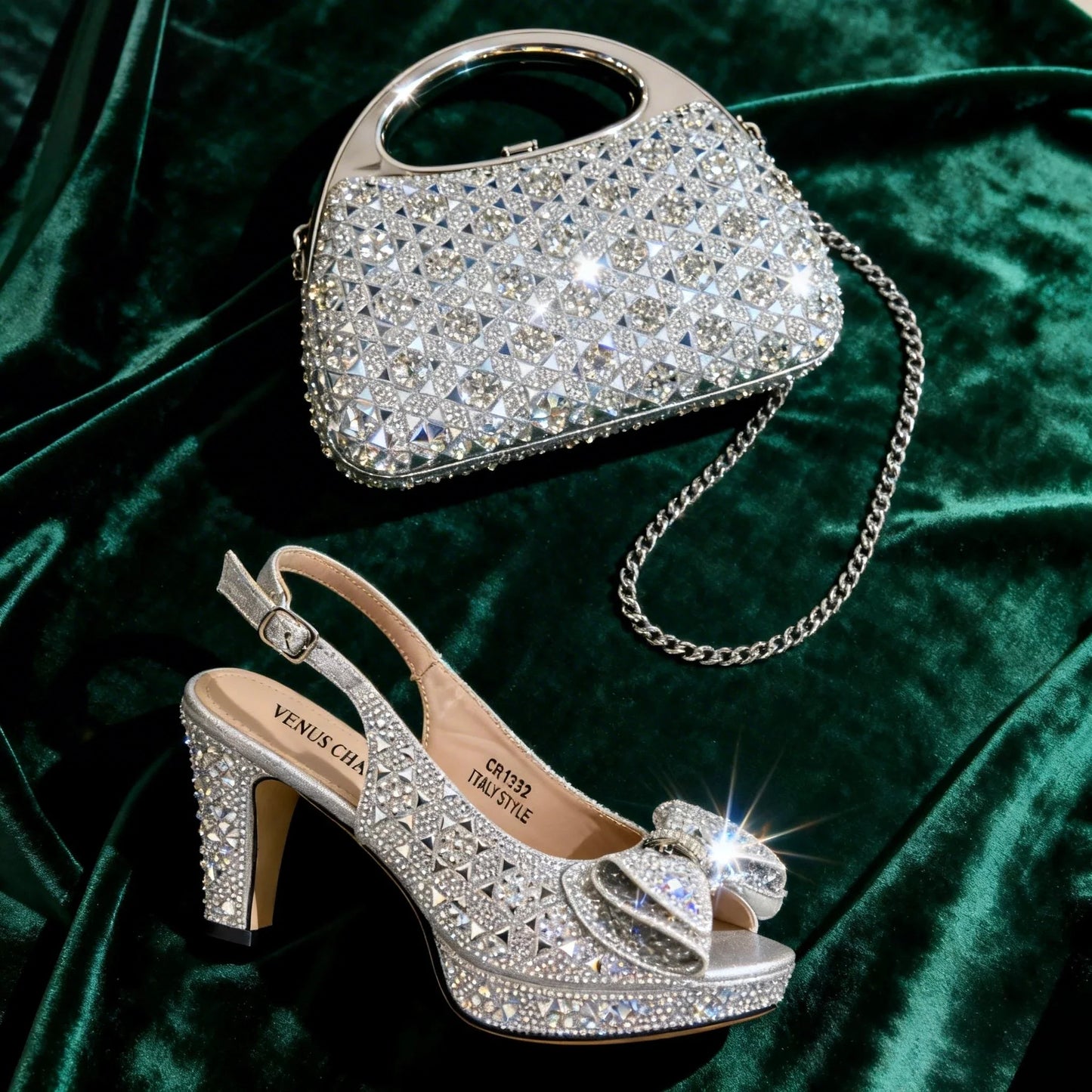 Elegant Italian Women’s Rhinestone High Heels and Matching Bag Set EDS2