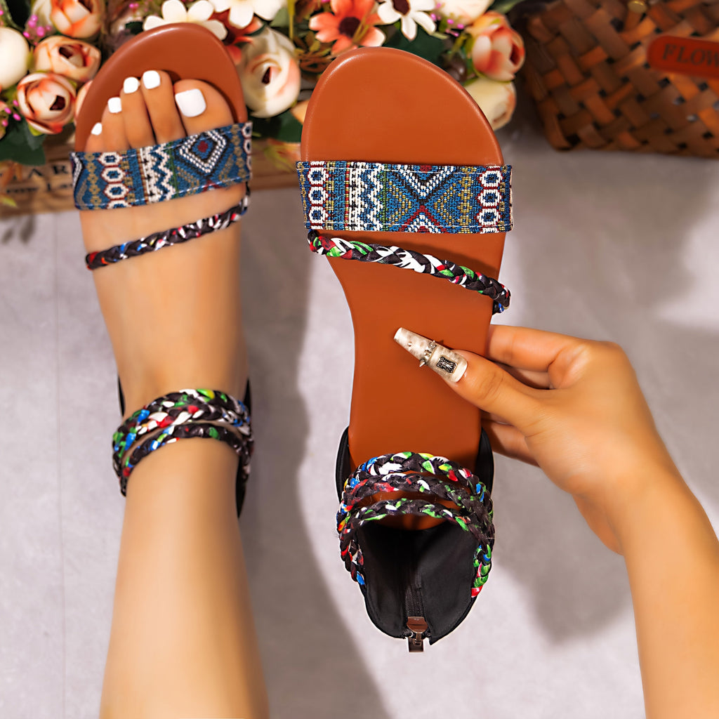 Women's Bohemian Roman Sandals - Open-Toe Flat Shoes with Back Zipper