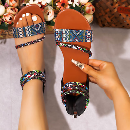 Women's Bohemian Roman Sandals - Open-Toe Flat Shoes with Back Zipper