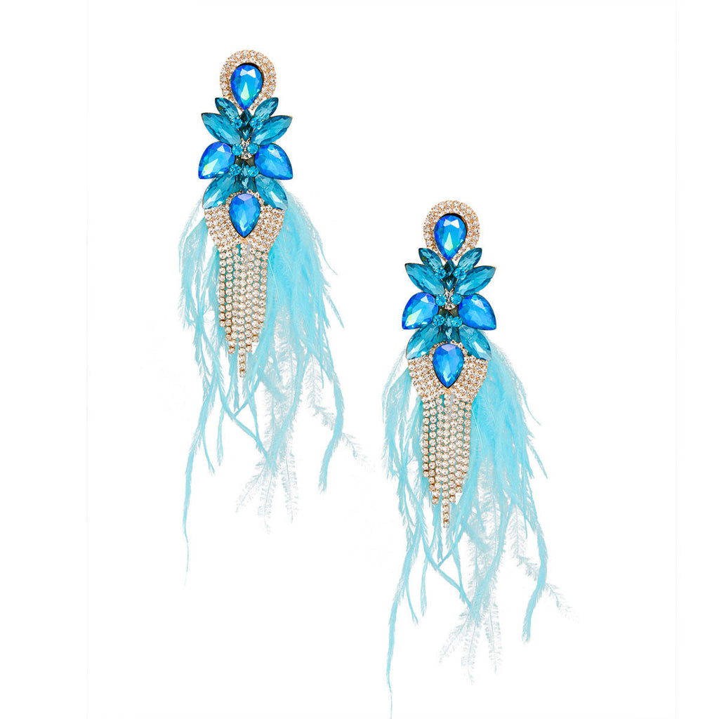 Women’s Blue Feather Tassel Glass Earrings Stylish Statement Jewelry